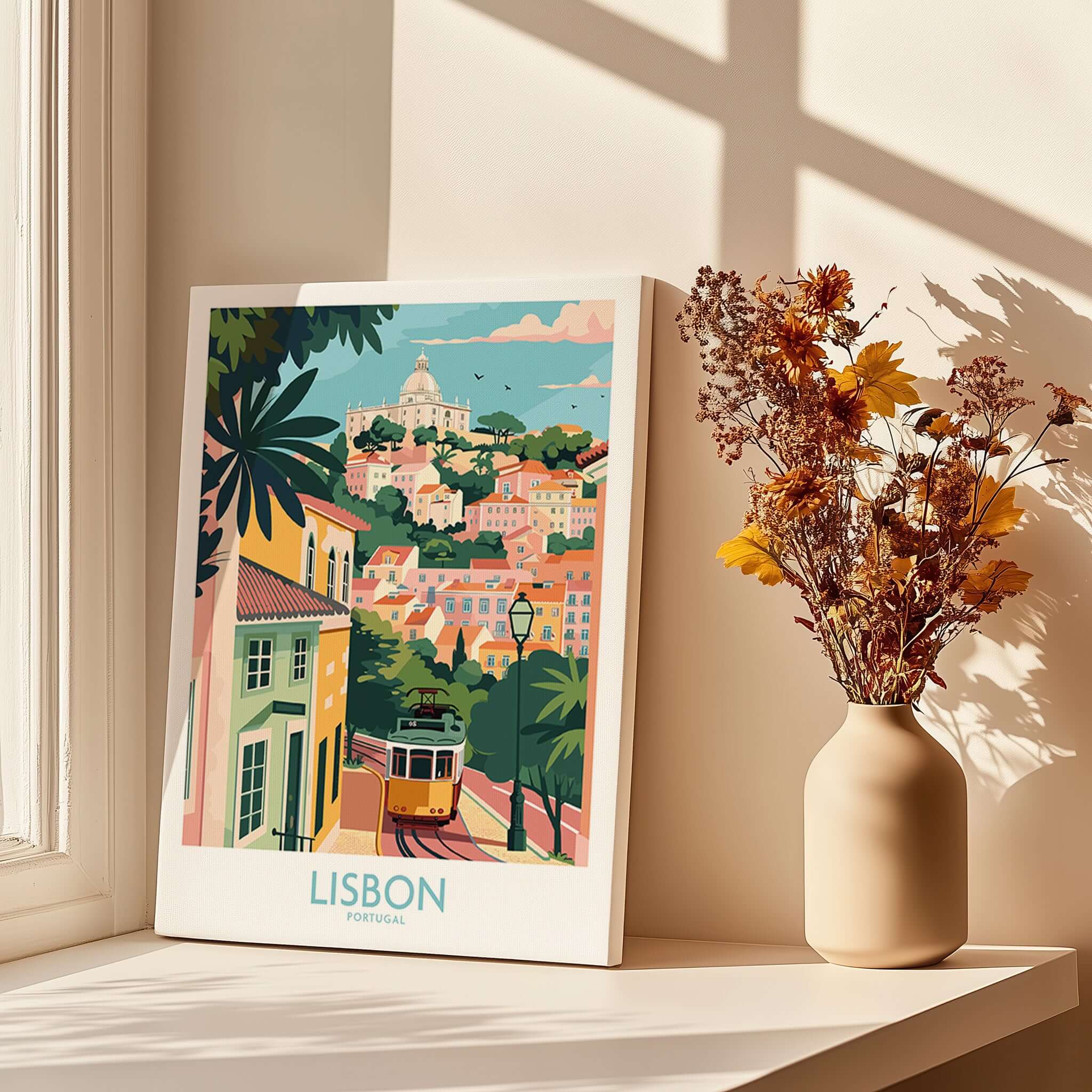 Lisbon Art Travel Print showcasing vibrant colors and Tram 28, perfect for art lovers and travel enthusiasts.