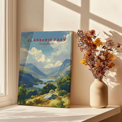 Canvas print of Llanberis Pass Snowdonia landscape on windowsill with vase of dried flowers