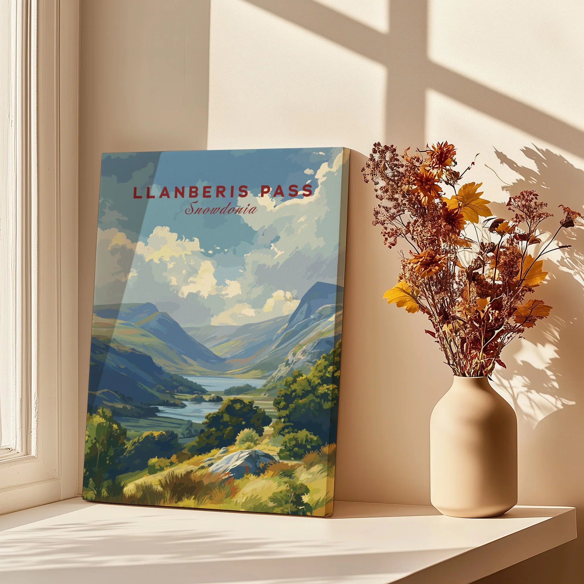 Canvas print of Llanberis Pass Snowdonia landscape on windowsill with vase of dried flowers