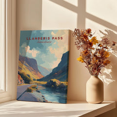 Llanberis Pass travel poster canvas print by window with vase of dried flowers, home decor