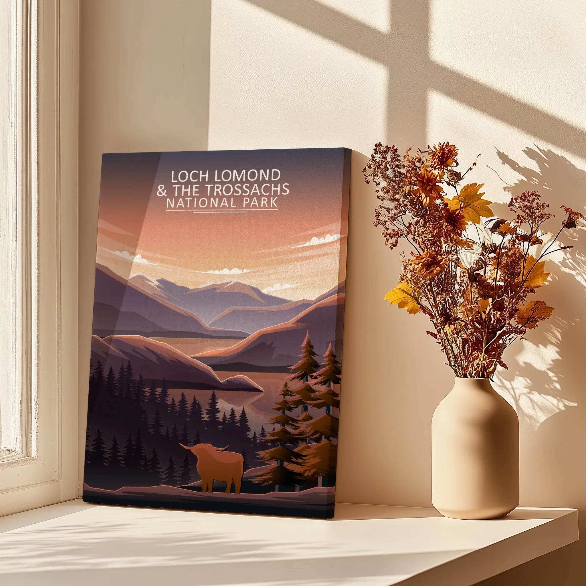 Loch Lomond National Park canvas print by window with dried flowers in vase, wall art decor