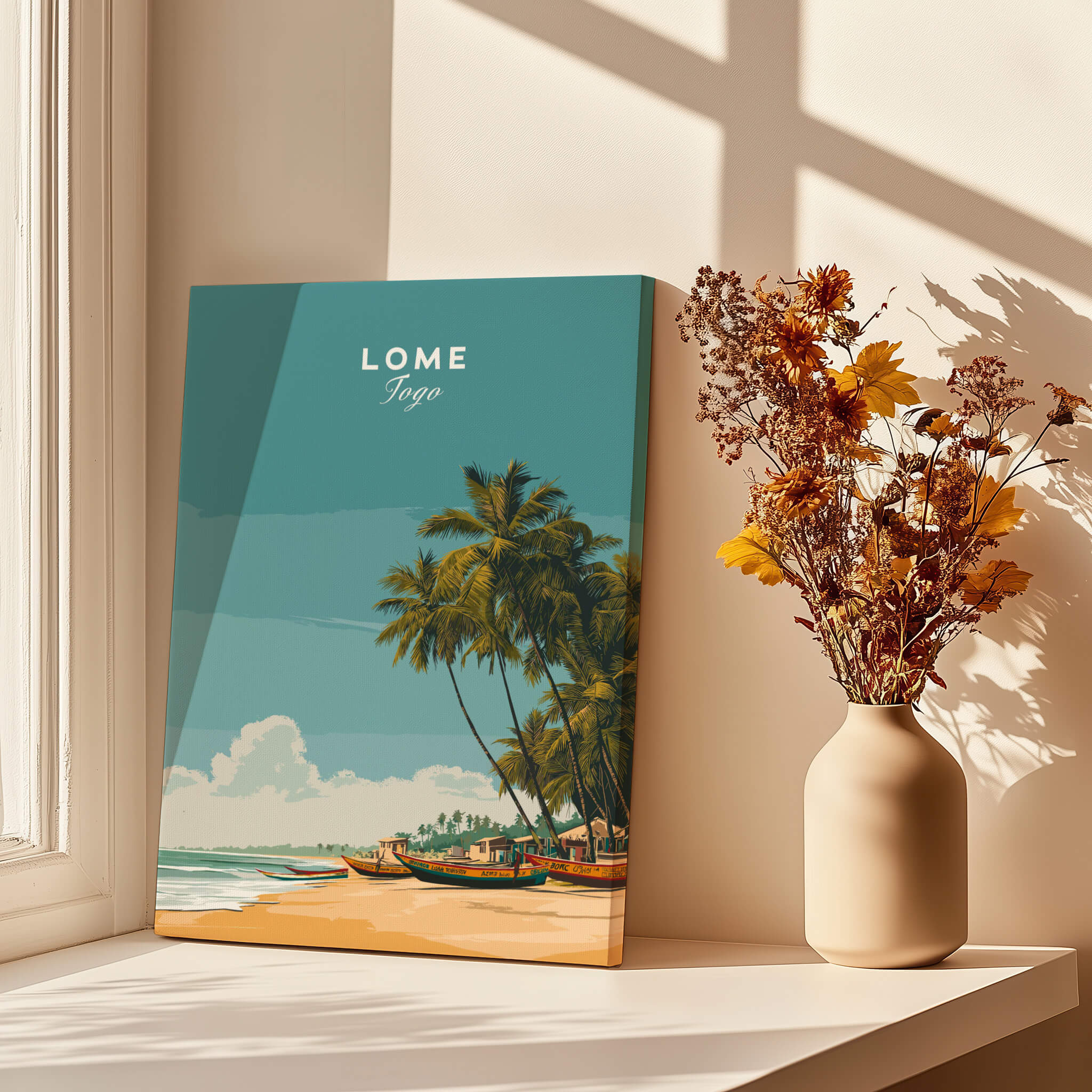 Lomé Togo Travel Posters | West African Beach & Palms Wall Art Print featuring tropical scenery and palm trees.