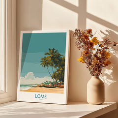 Lomé Togo Canvas Print | Tropical Coastal Village Scene Posters featuring a beach with palm trees and fishing boats.