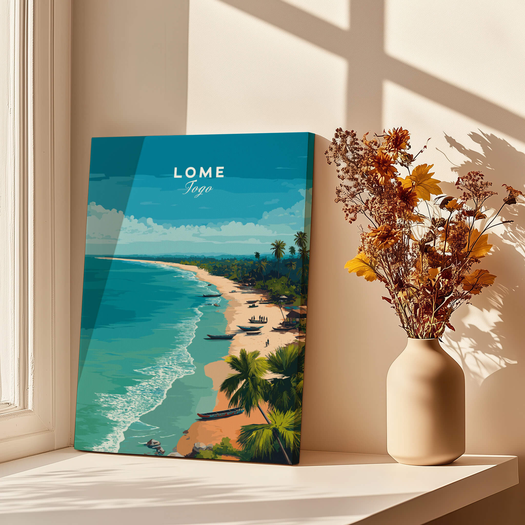 Lomé Togo Wall Art Print | Tropical Beach Travel Poster displayed in a sunlit room with a vase of flowers.