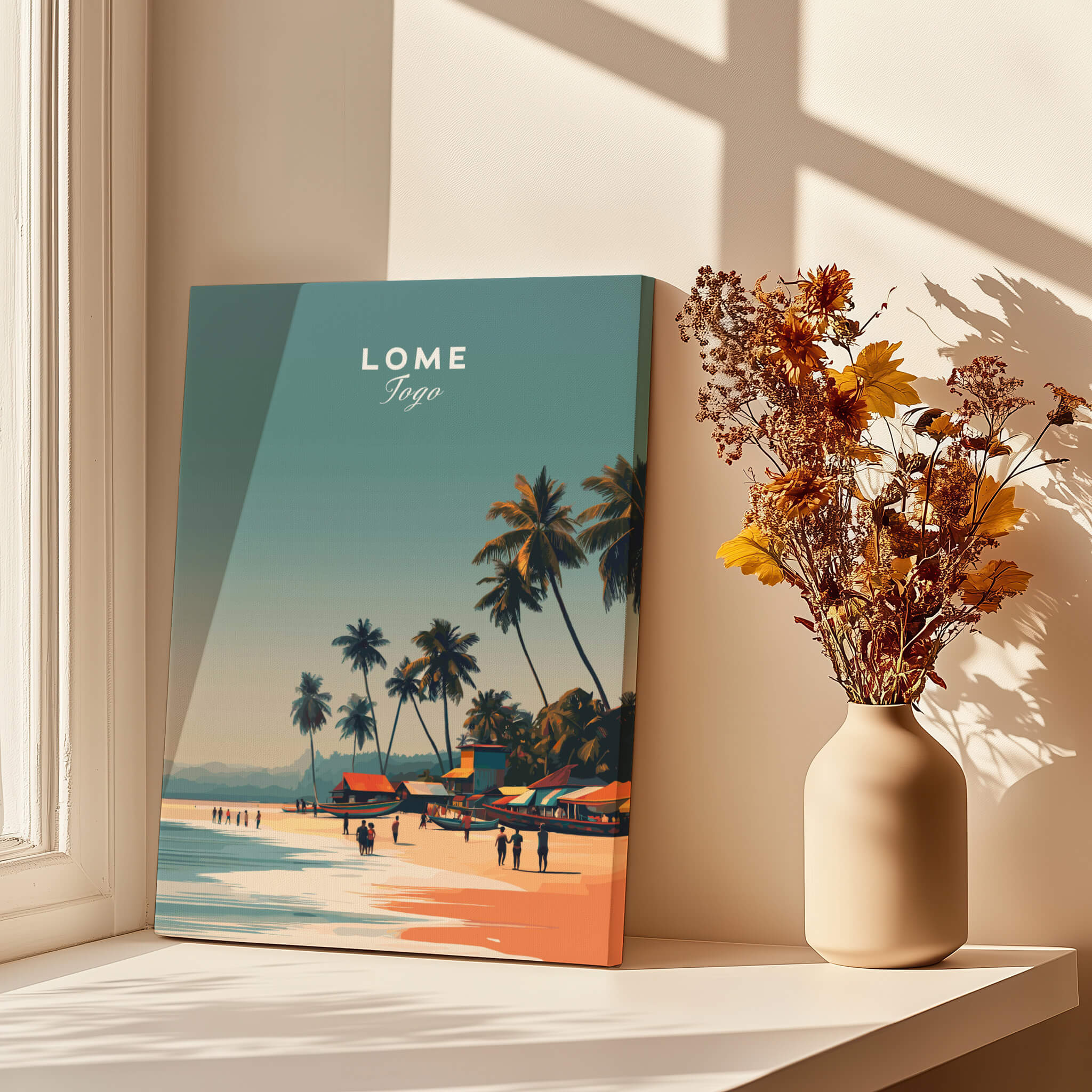 Lome Togo Poster Print Africa showcasing a vibrant beach scene with tropical palms and clear waters.