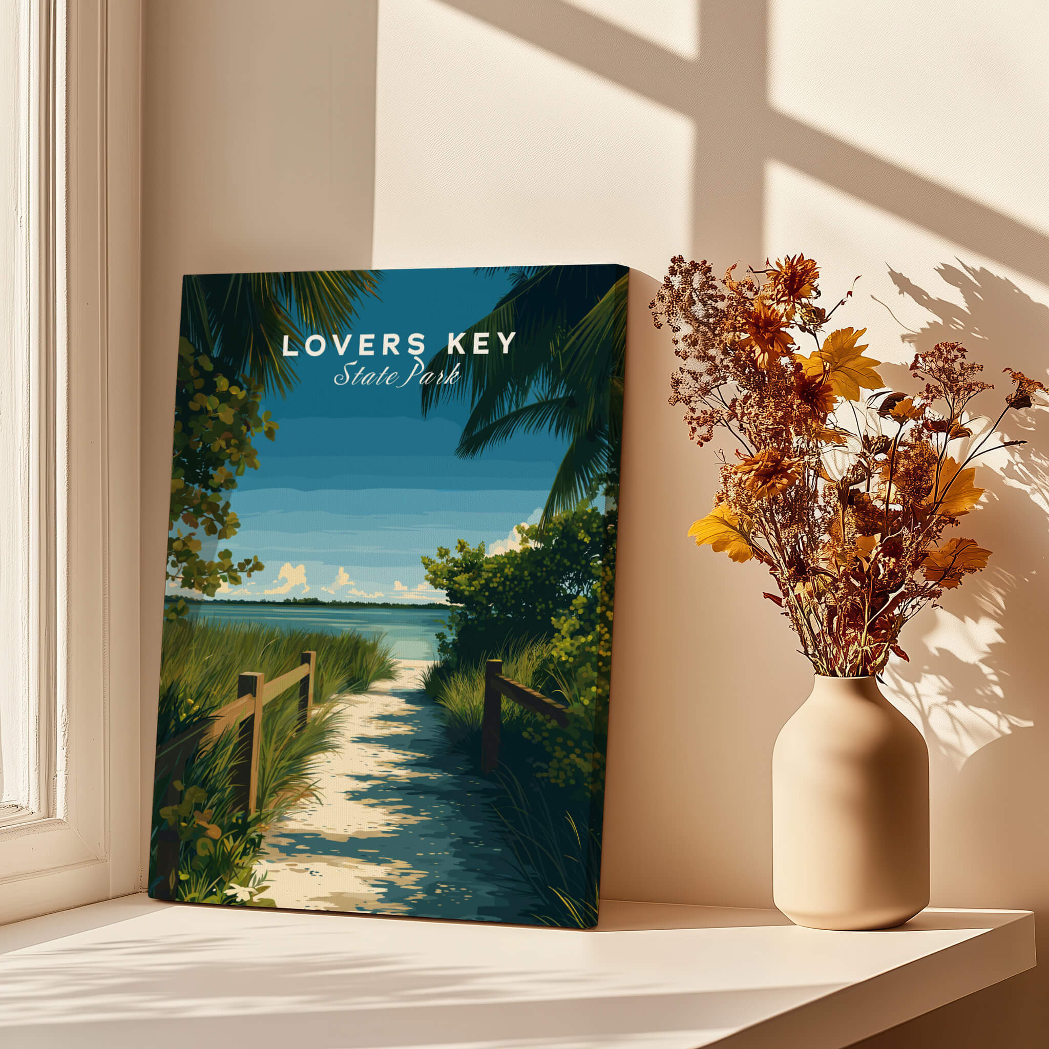 Lovers Key Florida Wall Art Print | State Park Beach Travel Poster featuring a coastal scene.
