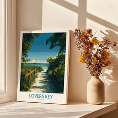 Lovers Key Florida Poster | Tropical Nature Path Canvas Print displayed next to a vase in a sunlit room.