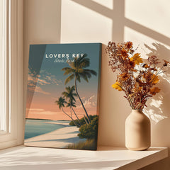Lovers Key Travel Poster | Florida Sunset Palm Trees Wall Art Print showcasing palm trees and a serene beach view.