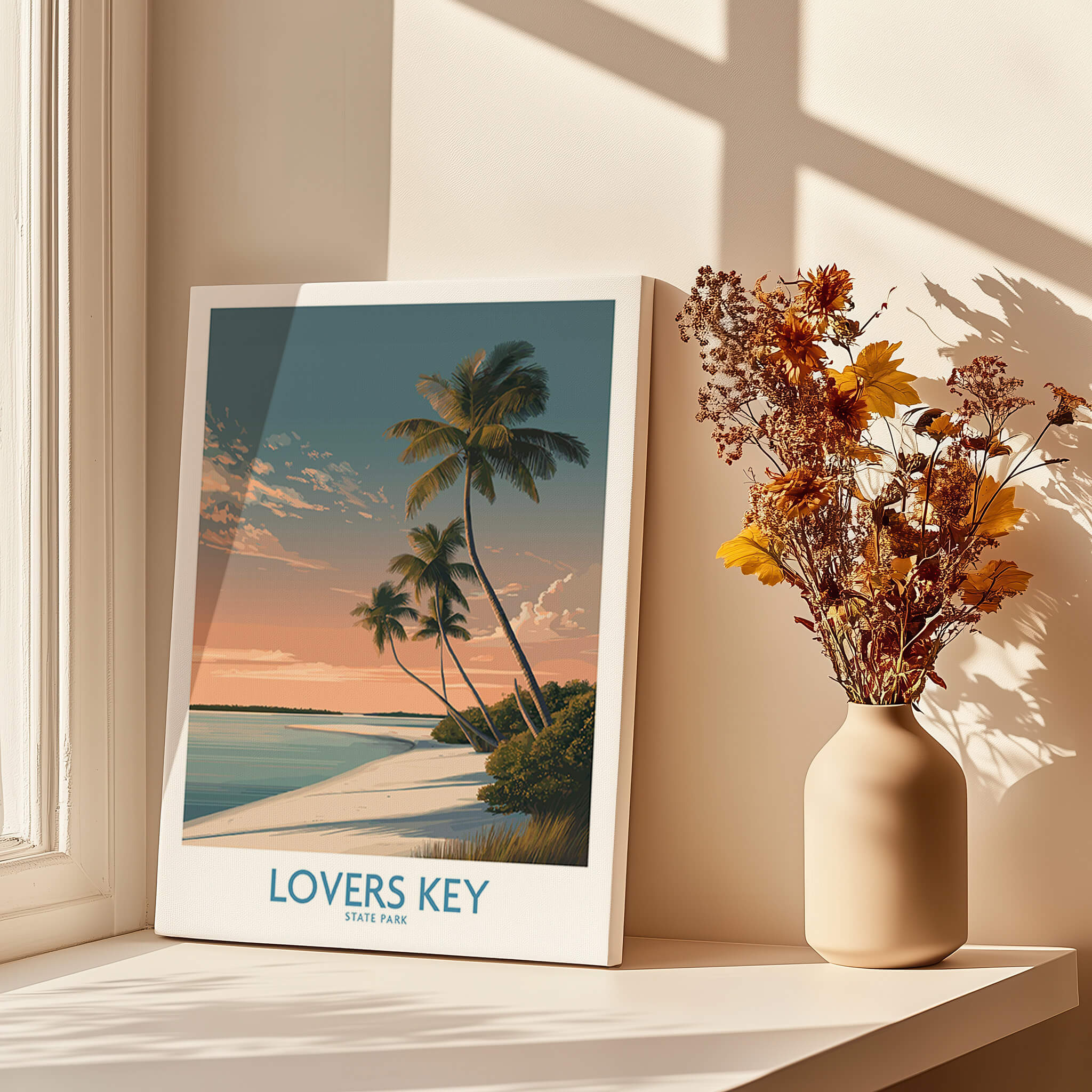 Lovers Key Canvas Print | Florida Gulf Coast Beach Poster depicting palm trees and a serene beach scene.