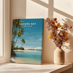 Lovers Key Wall Art Print | Paradise Island Scenery Florida Travel Poster displayed by a sunny window with a vase of flowers.