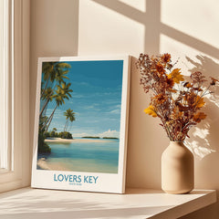 Lovers Key Poster | Florida Canvas Print showcasing a scenic beach view with palm trees and tranquil waters.