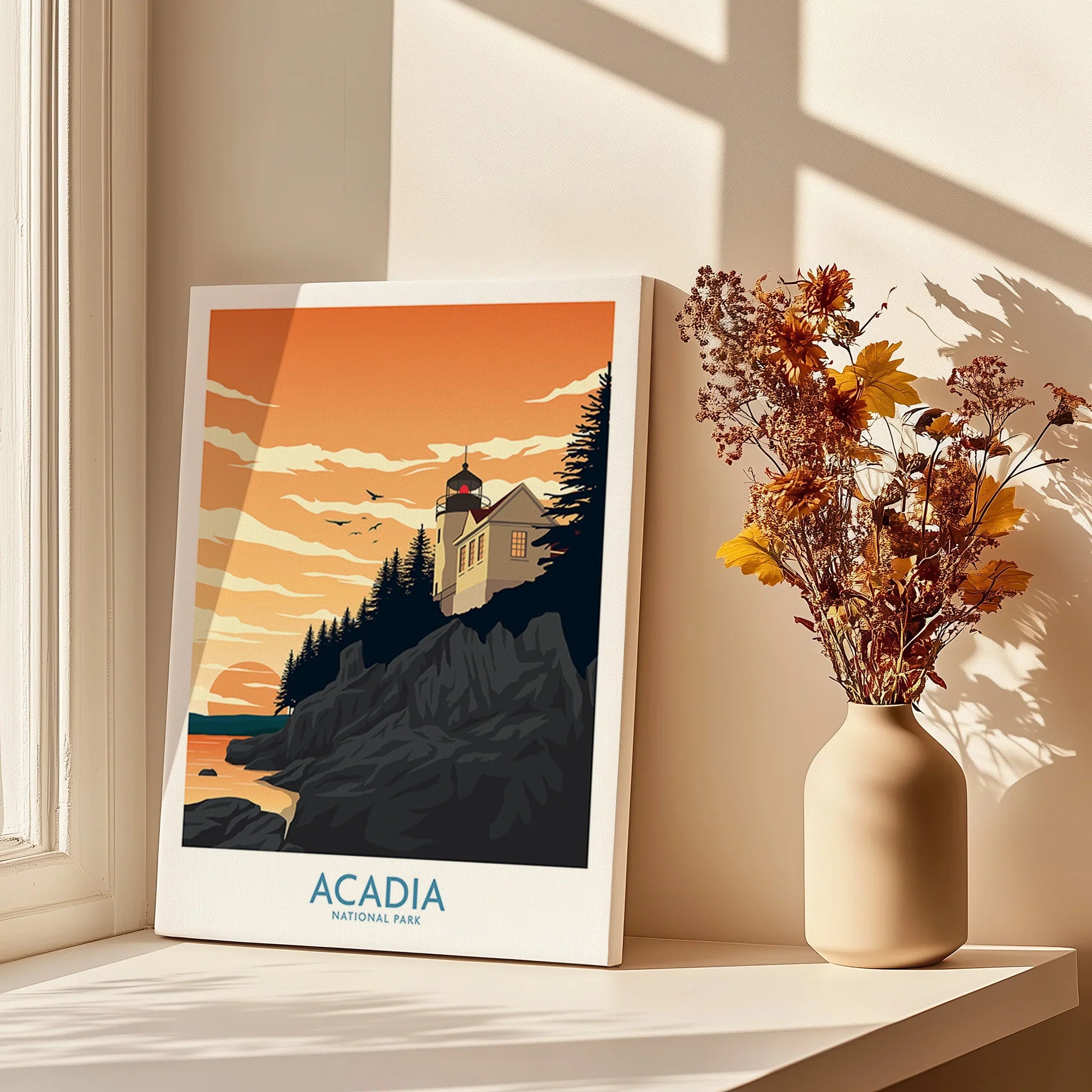 Acadia National Park canvas print on sunlit windowsill with vase of dried flowers