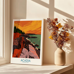 Acadia National Park art print on windowsill with vase of dried flowers in sunlight