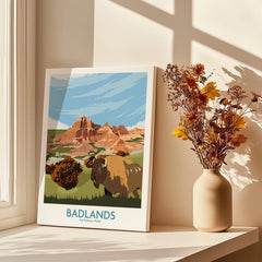 Badlands National Park print with bison, displayed by window with vase of dried flowers