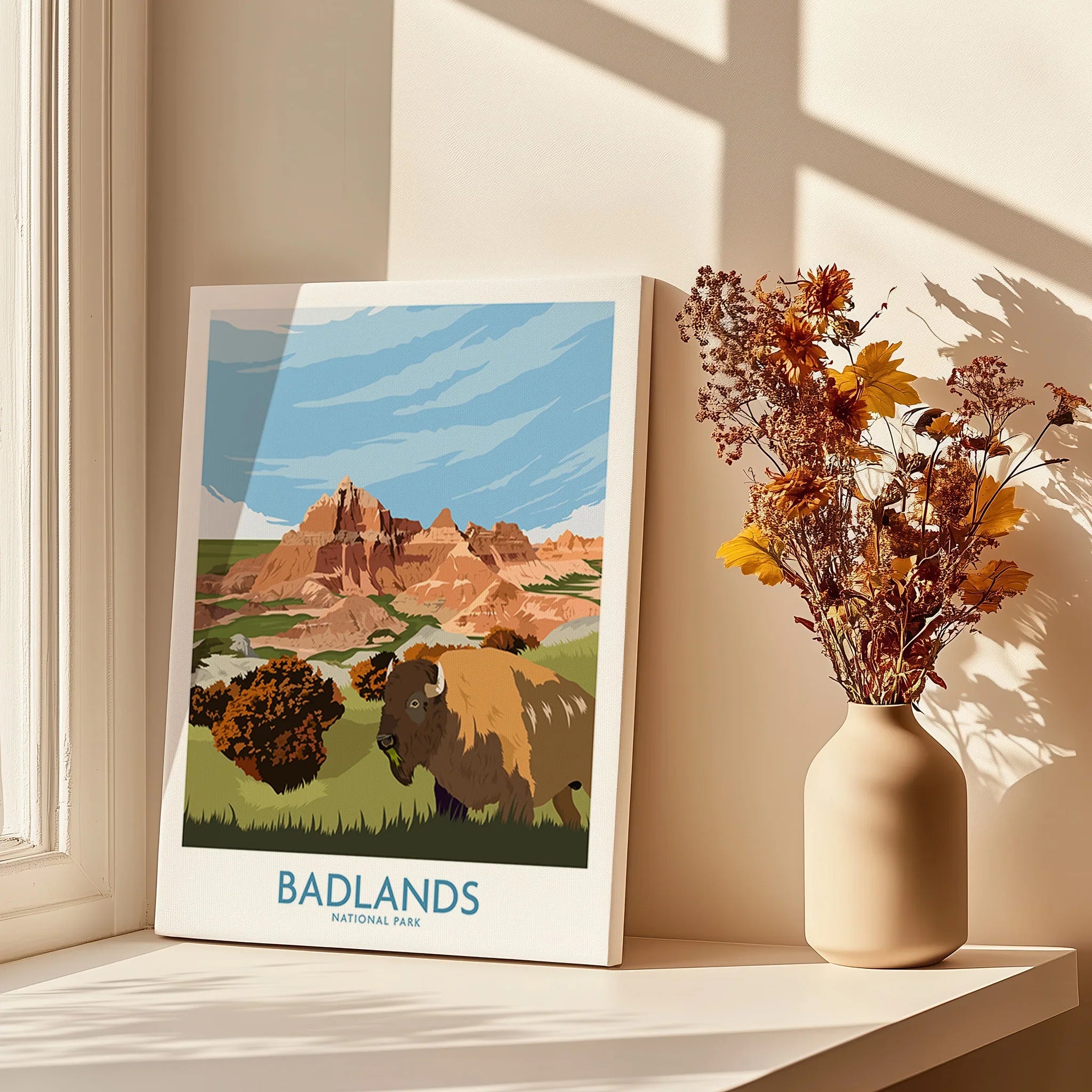 Badlands National Park print with bison, displayed by window with vase of dried flowers