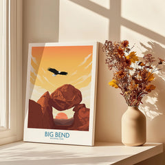 Big Bend National Park canvas print with sunset, eagle, and desert rocks near vase of dried flowers
