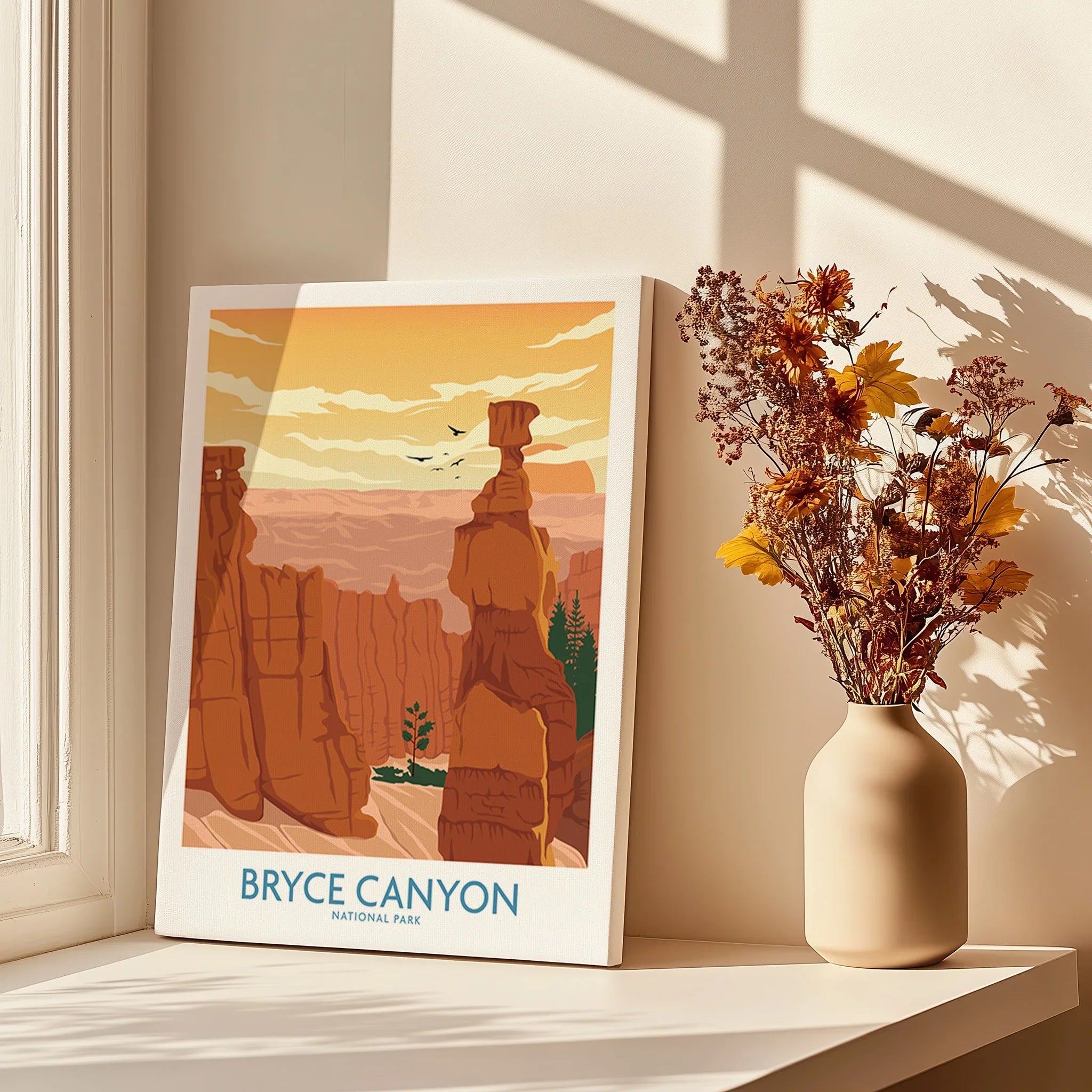 Bryce Canyon National Park art print on canvas in window light with vase of dried flowers