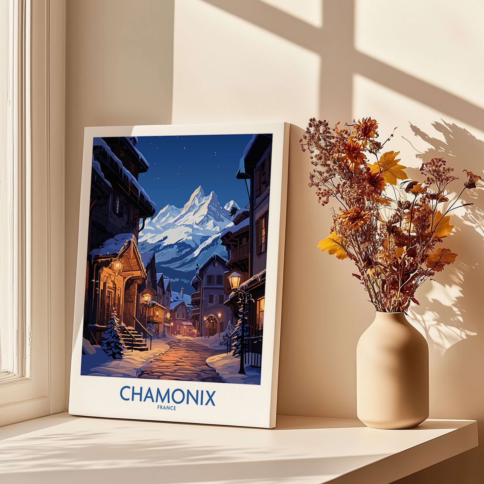 Chamonix Print showcasing a snowy mountain scene, perfect for mountain adventures and home decoration.