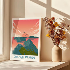 Channel Islands National Park wall art print in sunlight, next to a vase of dried flowers