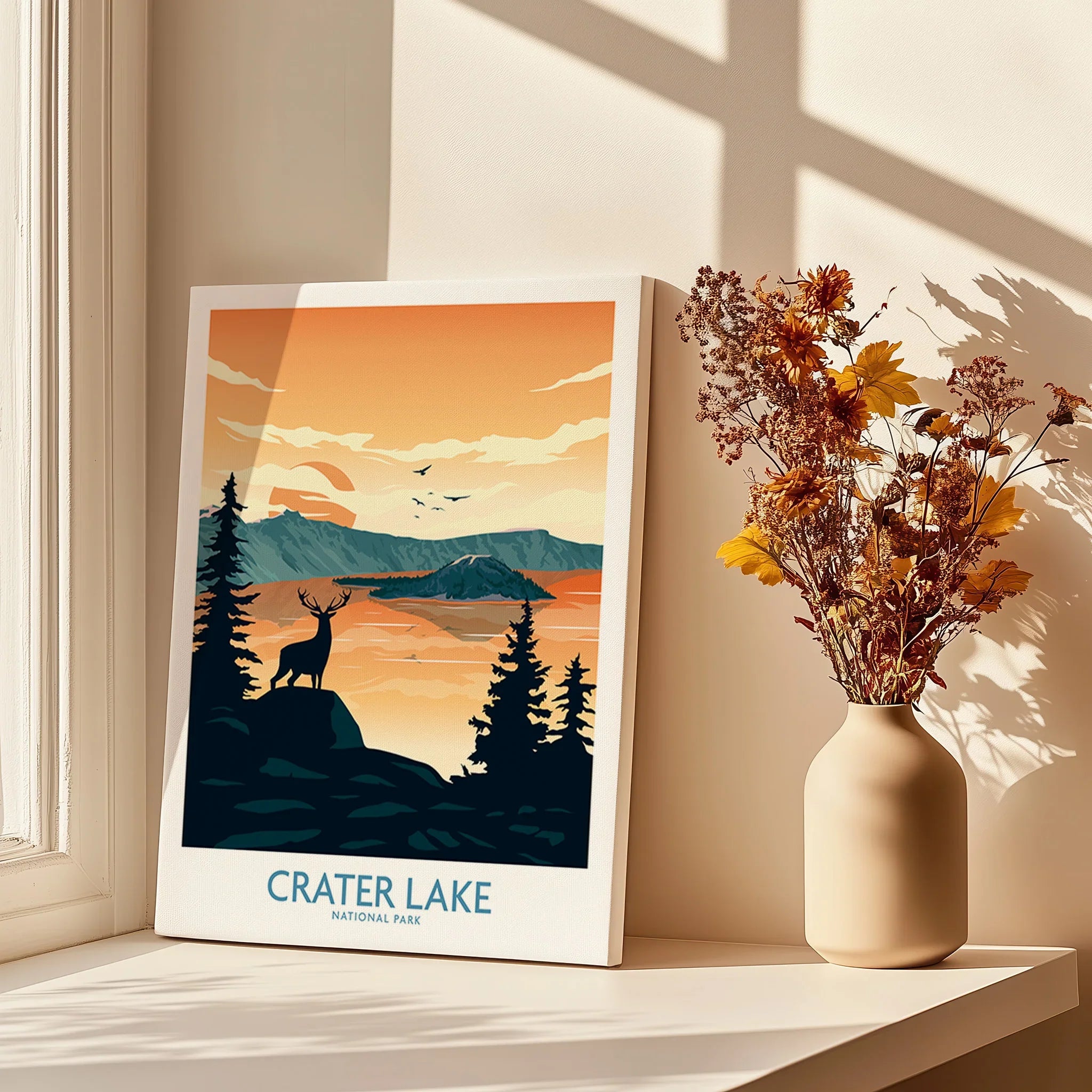 Crater Lake National Park art print with deer silhouette by window, vase of dried flowers