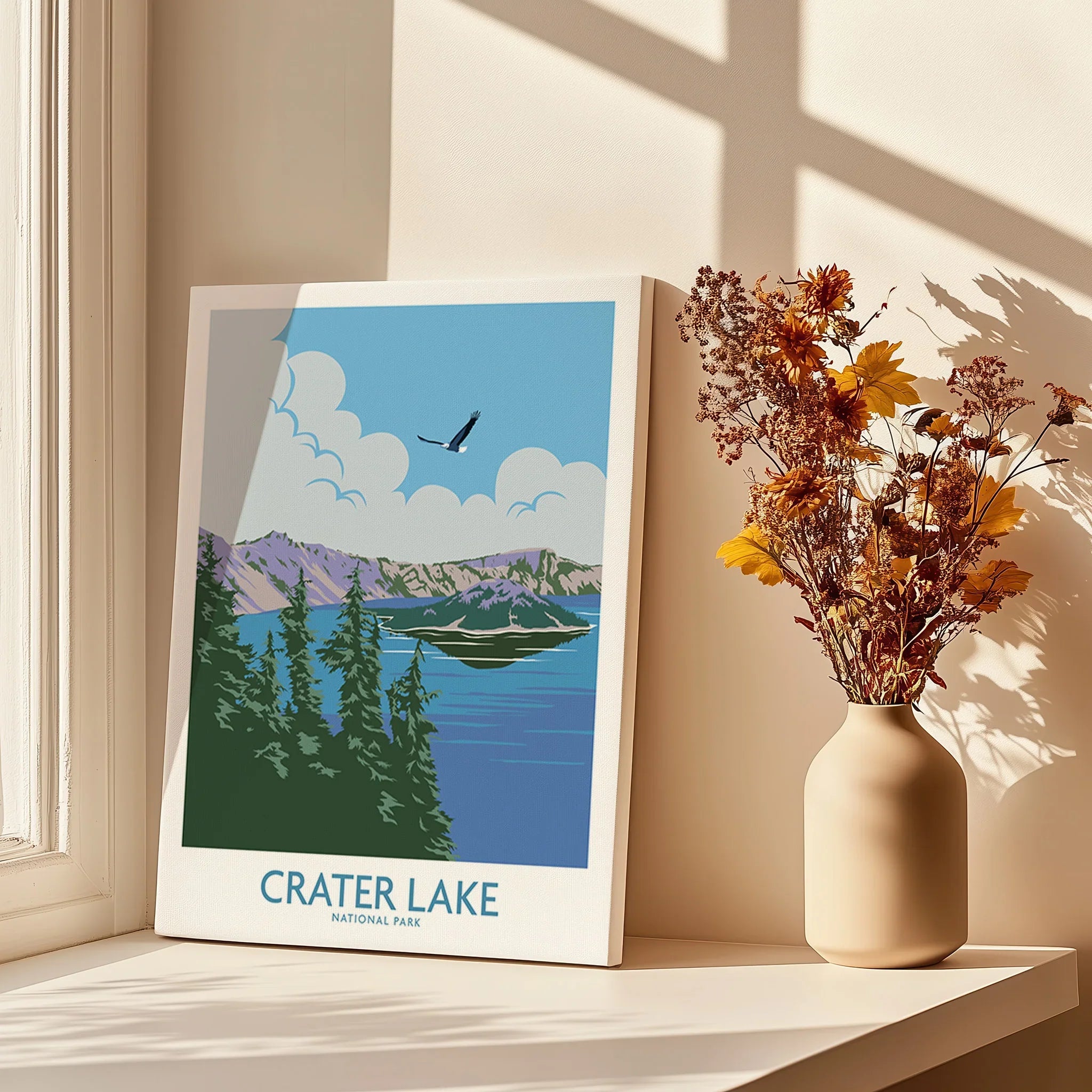 Crater Lake National Park canvas print on windowsill with dried flowers in sunlight