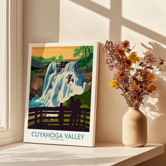 Cuyahoga Valley National Park waterfall art print by window with dried flowers in vase