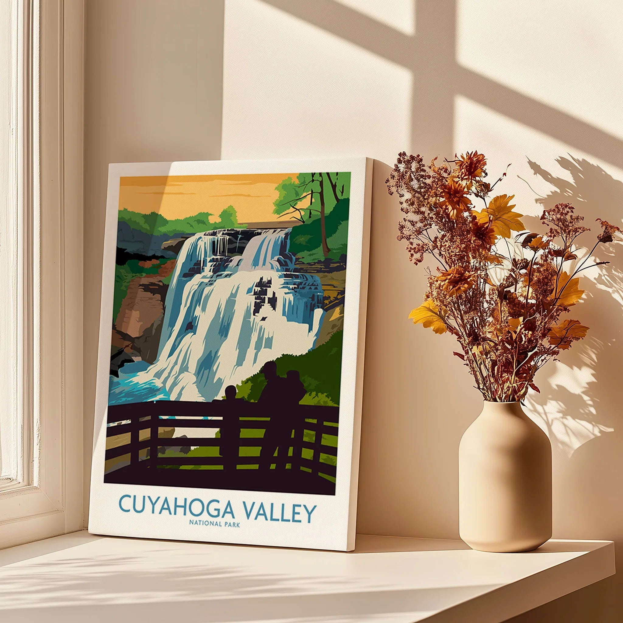 Cuyahoga Valley National Park waterfall art print by window with dried flowers in vase
