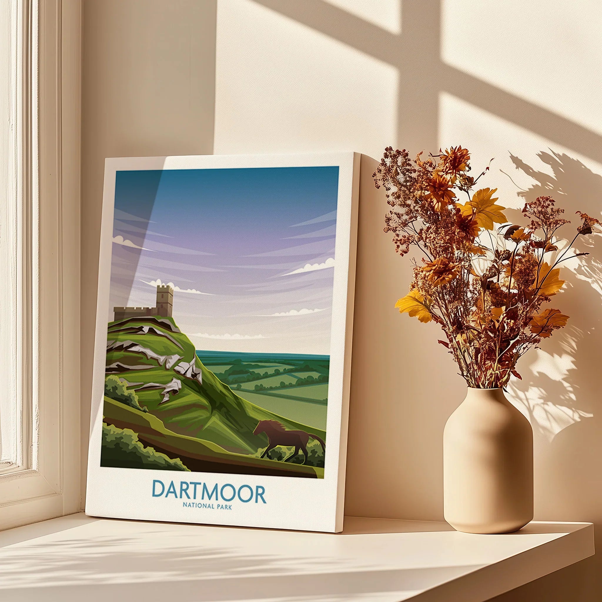 Dartmoor National Park art print by a window with shadows and a vase of dried flowers