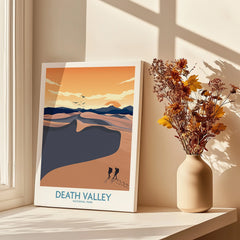 Death Valley National Park canvas print with desert landscape, set by sunlit window and vase of dried flowers