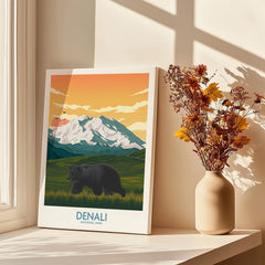 Denali National Park canvas print with bear and mountains, window shadows, dried flowers in vase