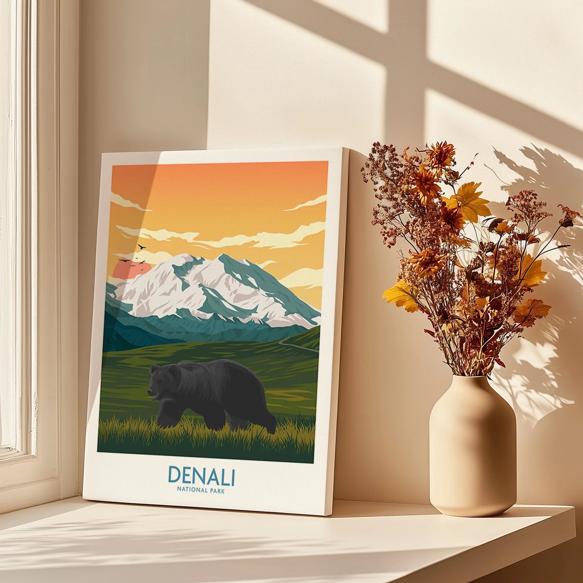 Denali National Park canvas print with bear and mountains, window shadows, dried flowers in vase