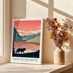 Gates of the Arctic National Park art print on windowsill with dried autumn flowers in vase