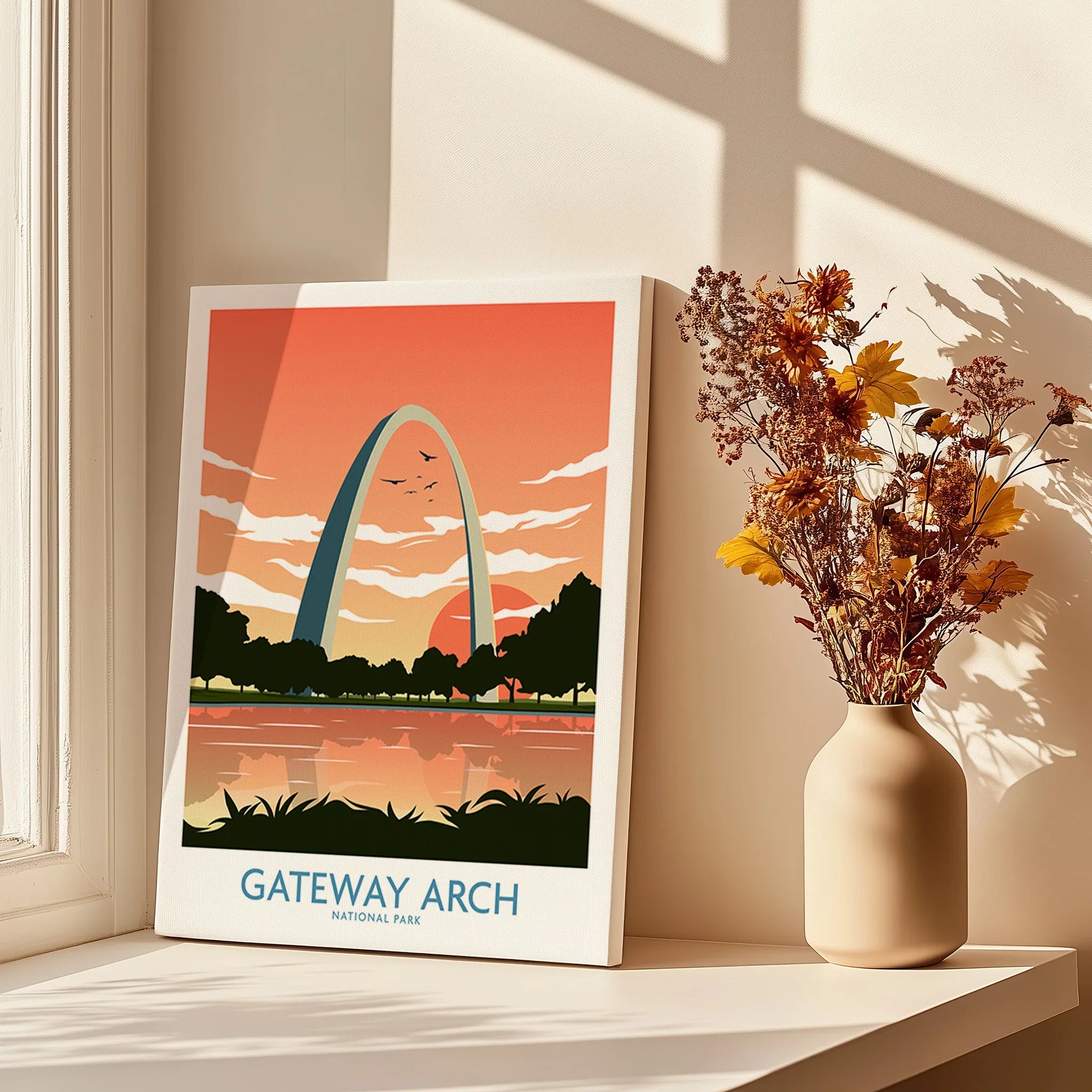 Gateway Arch National Park art print by window with shadows and vase of dried flowers