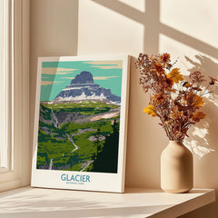 Glacier National Park canvas print on windowsill with vase of dried flowers and soft shadows