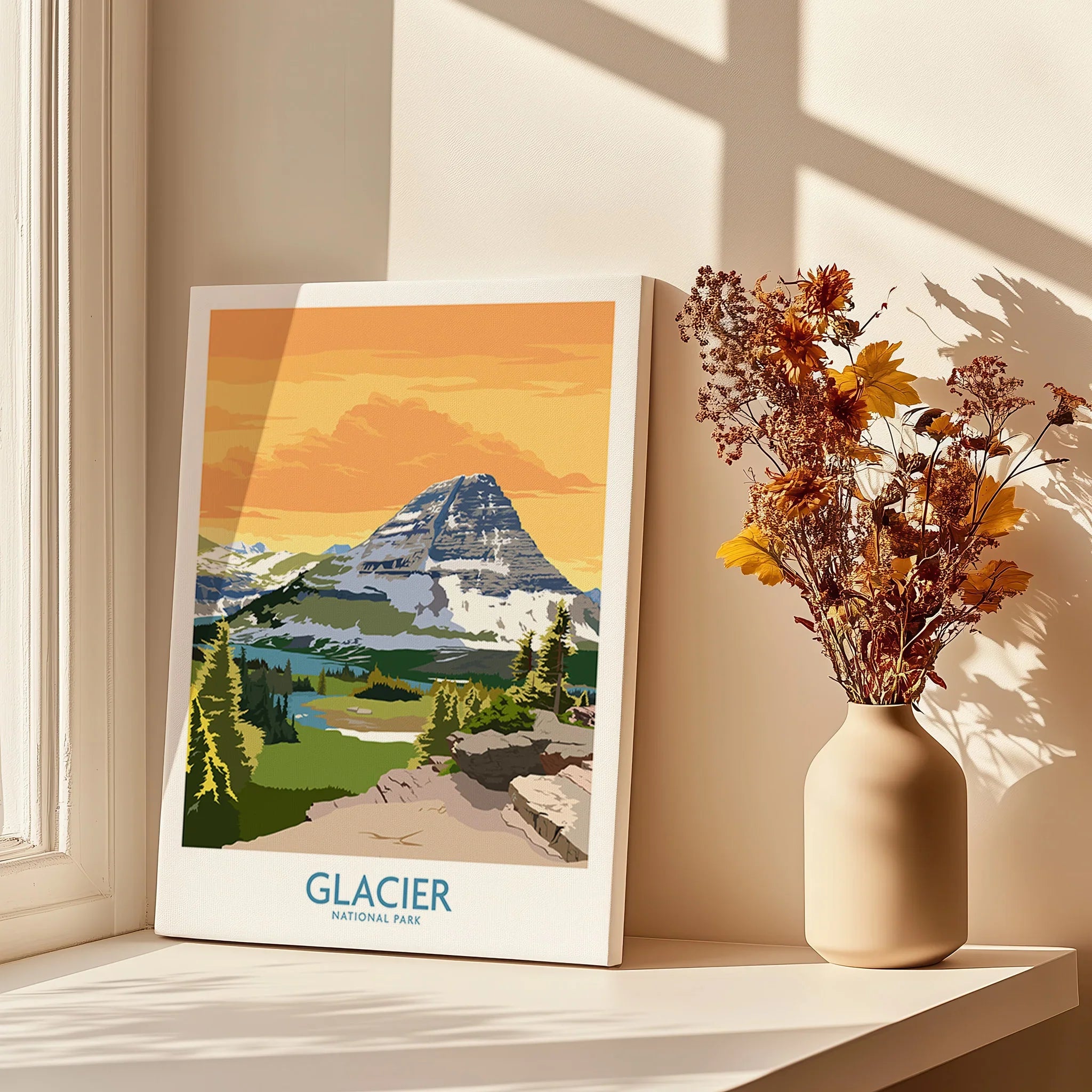 Glacier National Park canvas print by window with vase of dried flowers in natural light