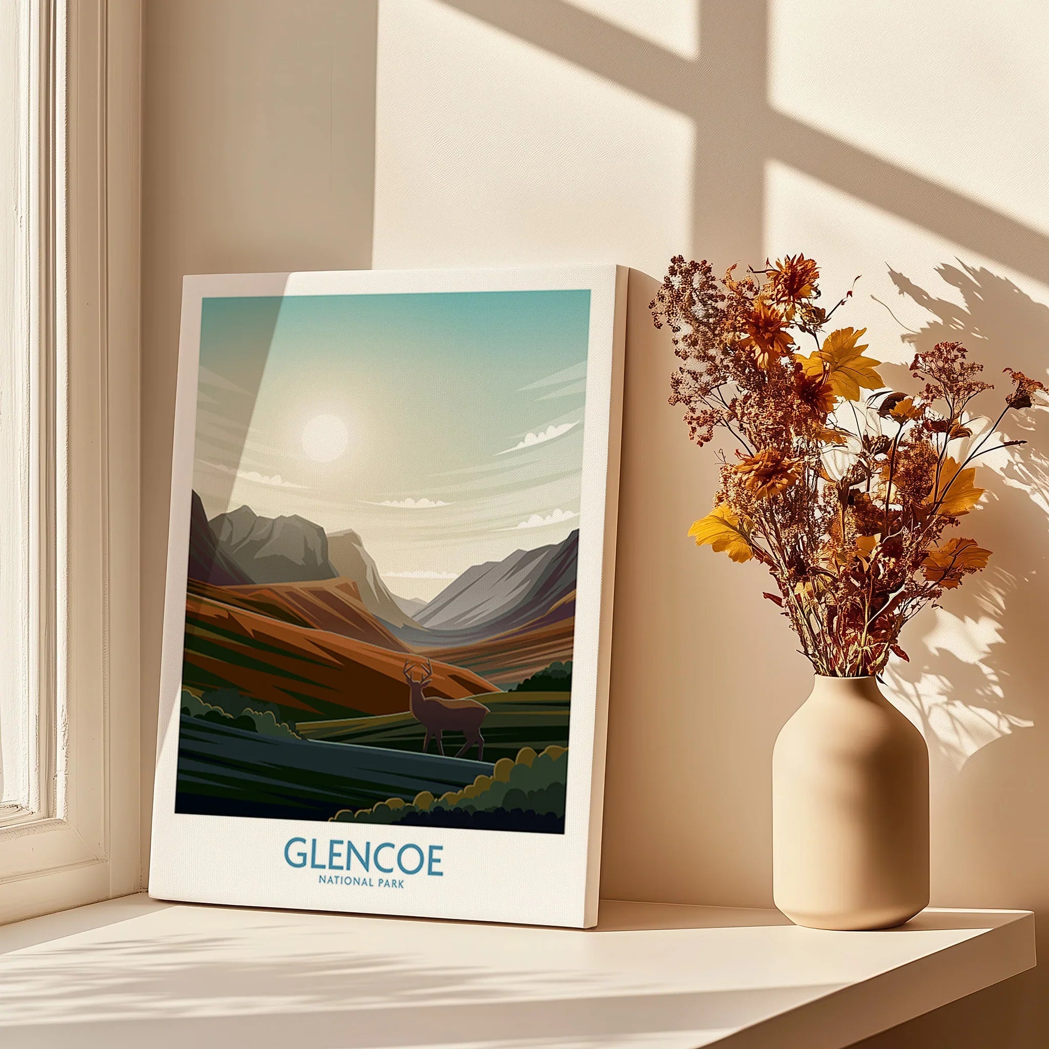 Glencoe National Park landscape art print on windowsill with vase of dried flowers
