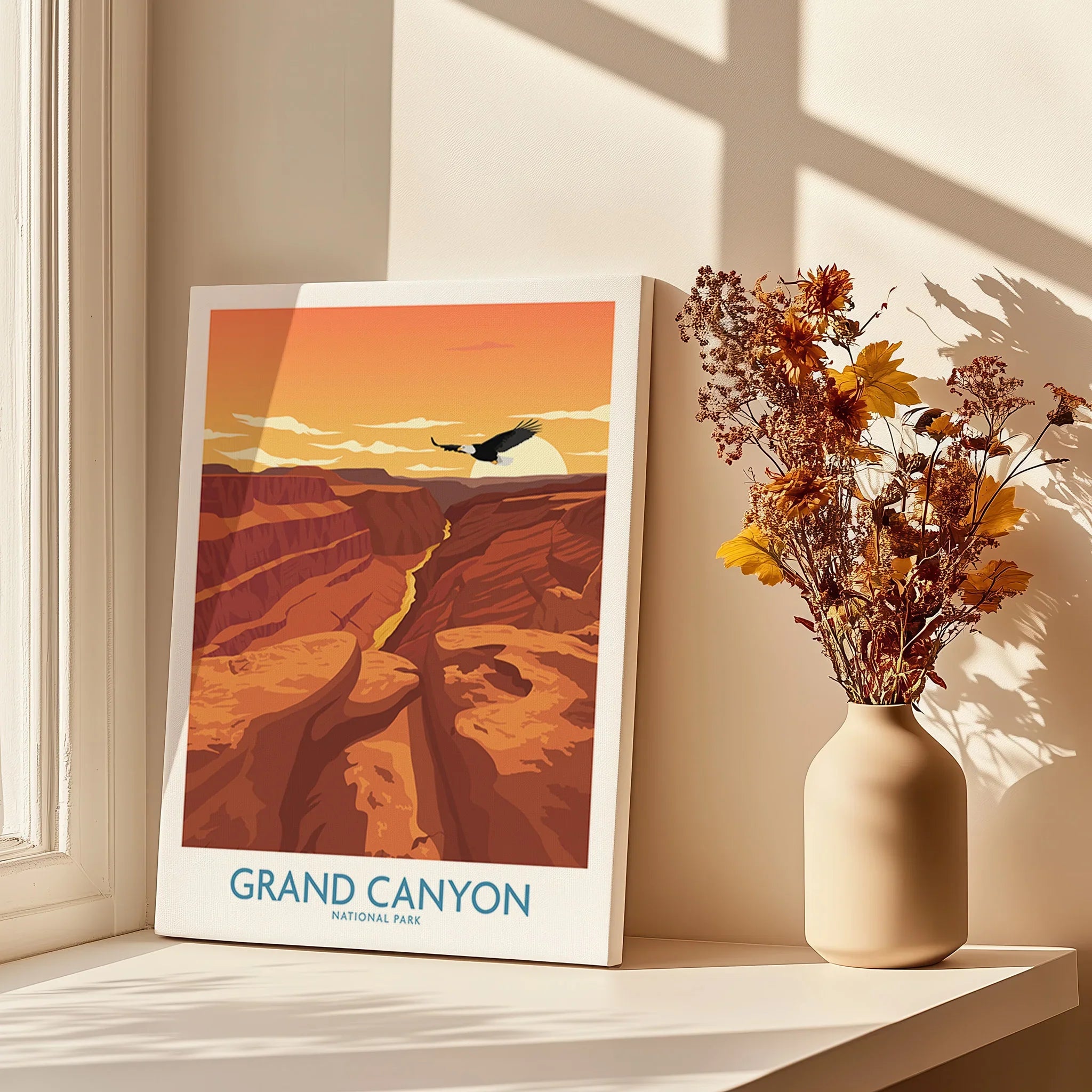 Grand Canyon National Park art print with bold canyon colors, sunlight, and vase of flowers