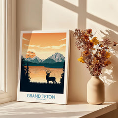 Grand Teton National Park art print with stag silhouette, mountains, and vase of dried flowers