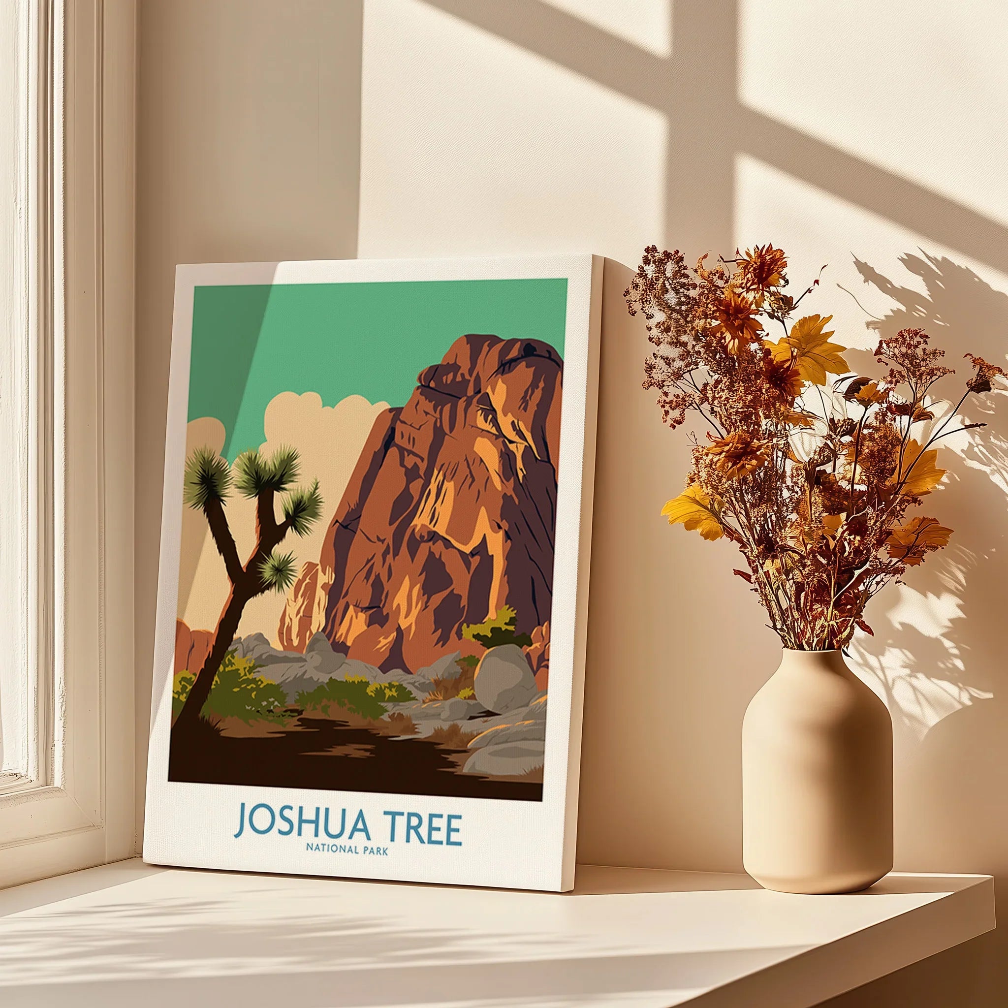 Joshua Tree National Park canvas print by window with dried flowers in vase, home decor