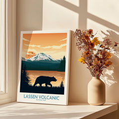 Lassen Volcanic National Park wall art print with bear silhouette, sunlight, and vase of dried flowers