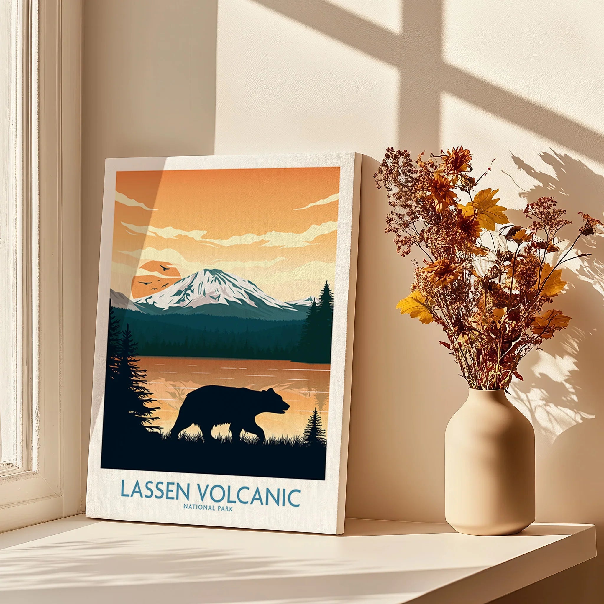 Lassen Volcanic National Park wall art print with bear silhouette, sunlight, and vase of dried flowers
