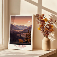 Loch Lomond travel poster canvas print on windowsill with vase of dried flowers, warm sunlight