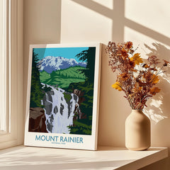 Mount Rainier National Park print with waterfall on windowsill, vase of dried flowers nearby