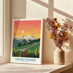 Mount Rainier National Park canvas print with sunrise landscape beside vase of dried flowers