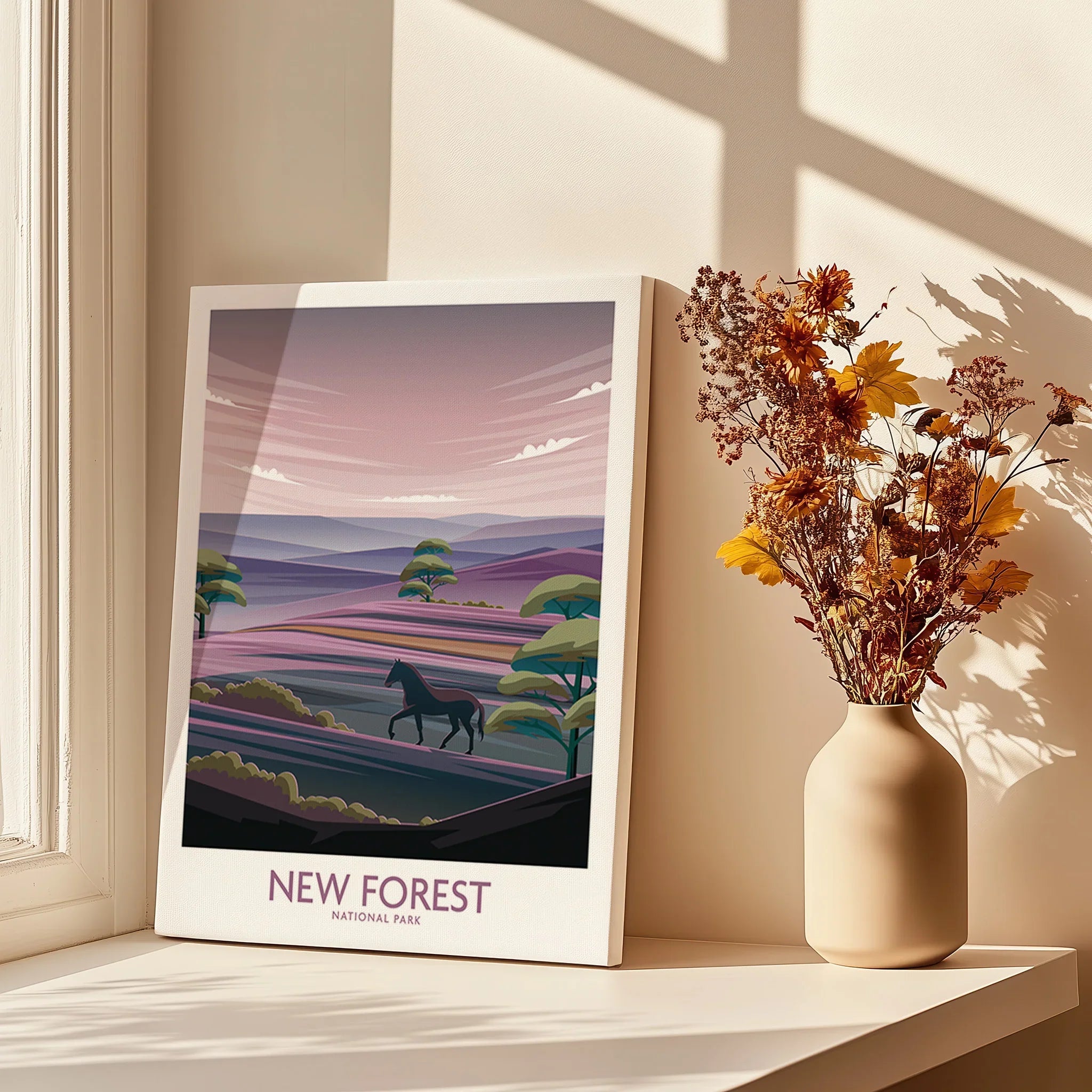 New Forest National Park art print with horse, displayed by window with vase of dried flowers