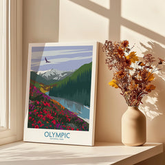 Olympic National Park canvas print with colorful mountain landscape beside vase of dried flowers