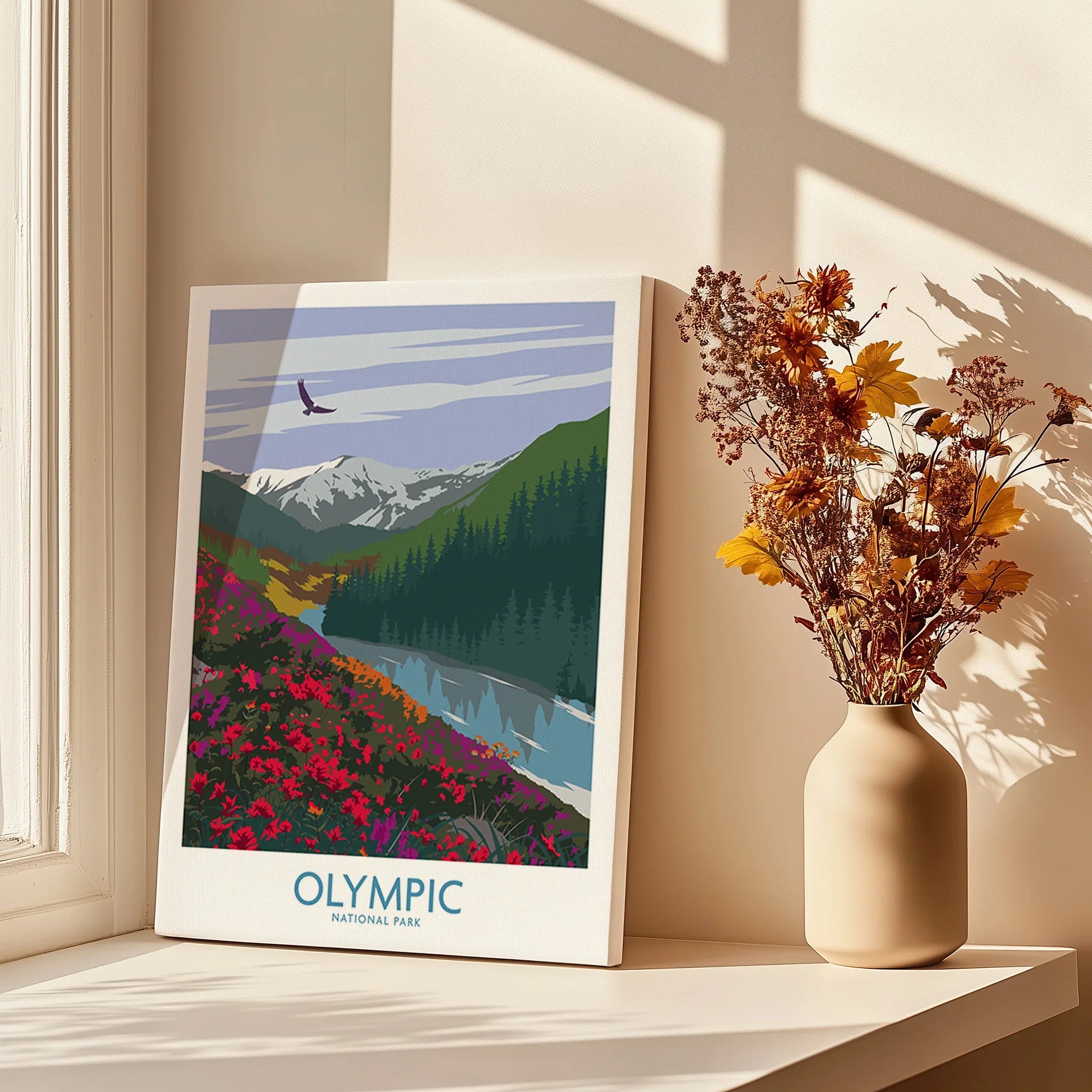 Olympic National Park canvas print with colorful mountain landscape beside vase of dried flowers