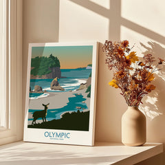Olympic National Park canvas print in sunlit window with vase of dried flowers