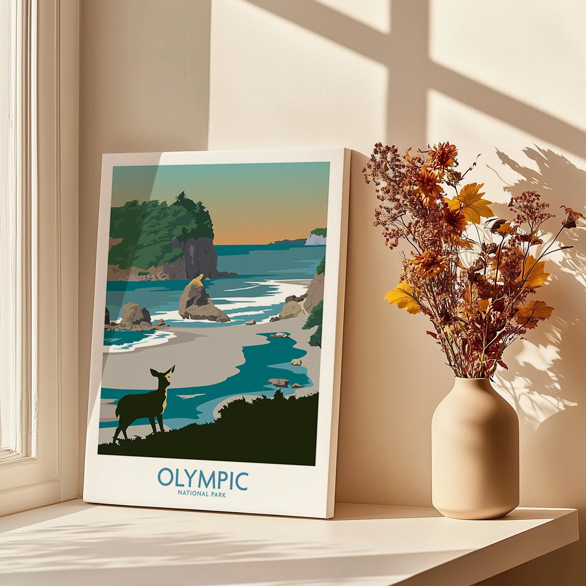 Olympic National Park canvas print in sunlit window with vase of dried flowers