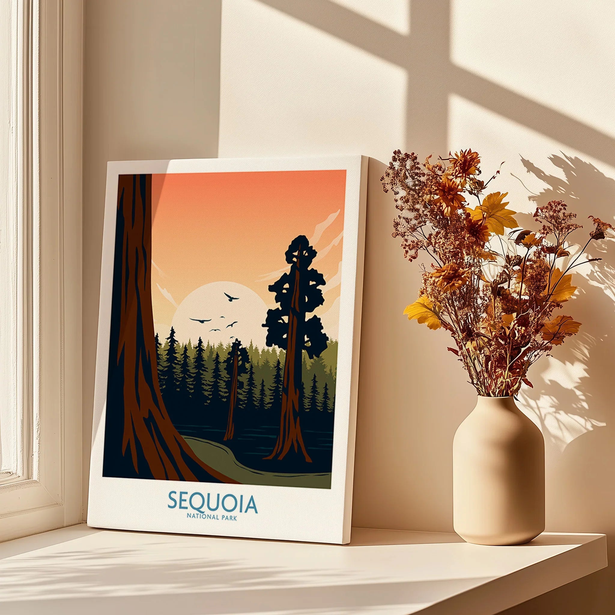 Sequoia National Park art print on windowsill with vase of dried flowers in sunlight.